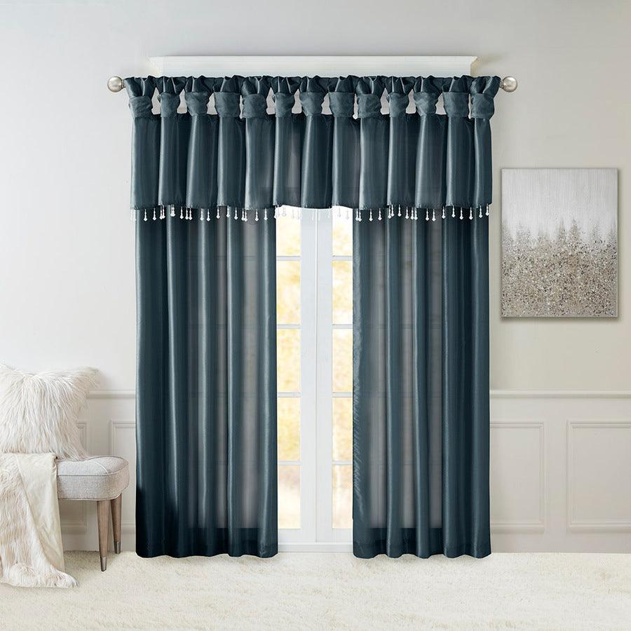 Olliix.com Curtains - Emilia Transitional Lightweight Faux Silk Valance With Beads 50"W x 26"L Teal