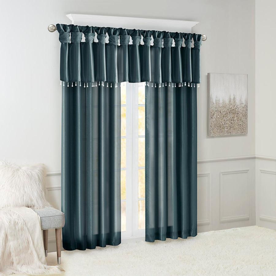 Olliix.com Curtains - Emilia Transitional Lightweight Faux Silk Valance With Beads 50"W x 26"L Teal