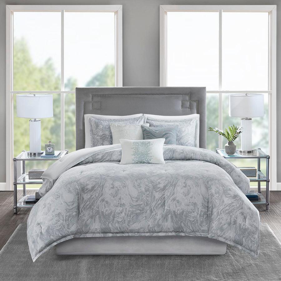 Olliix.com Comforters & Blankets - Emory 7 Piece Cotton Sateen Comforter Set Gray Queen