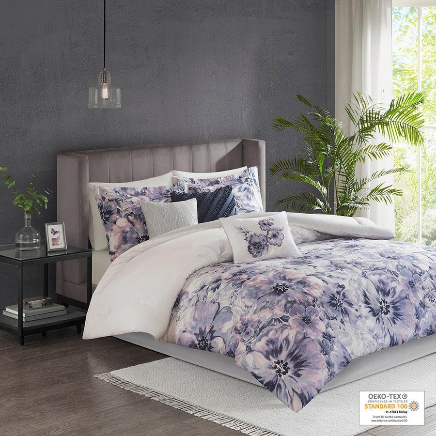 Olliix.com Comforters & Blankets - Enza 7 Piece Cotton Printed Comforter Set Purple Queen