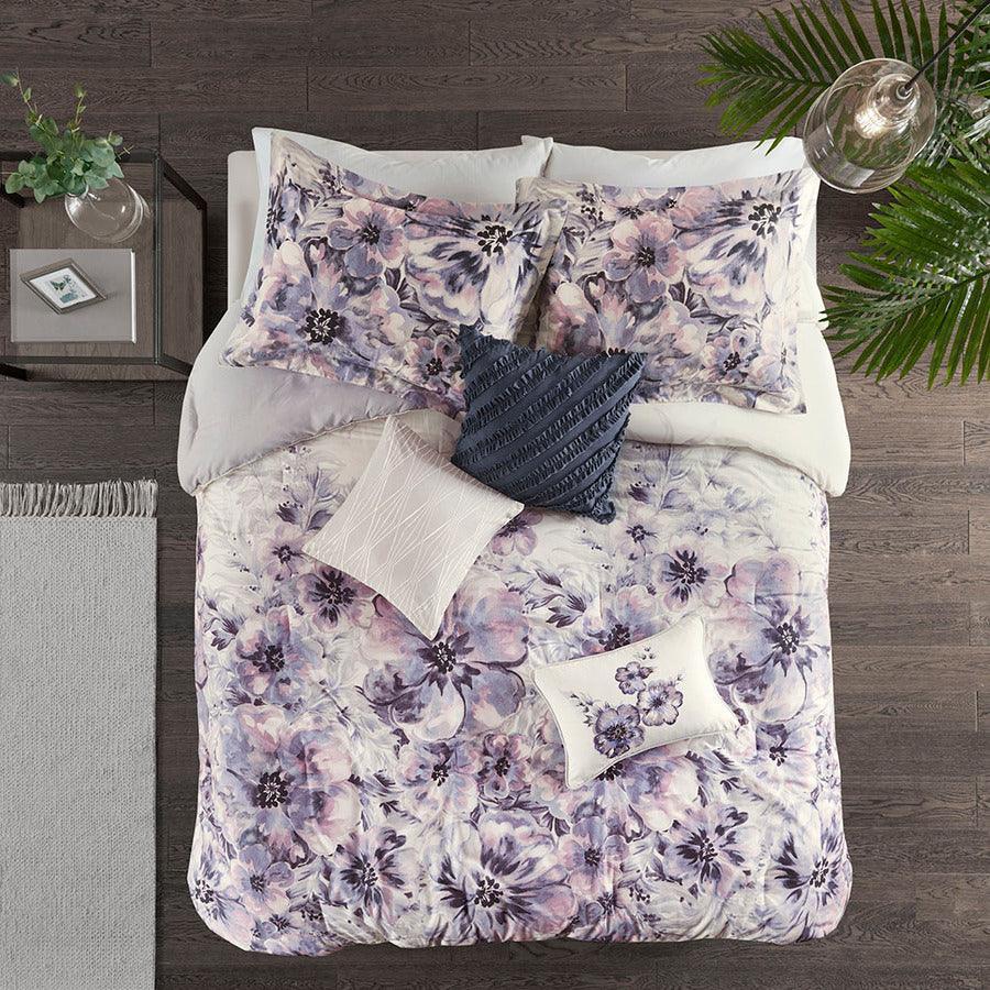 Olliix.com Comforters & Blankets - Enza 7 Piece Cotton Printed Comforter Set Purple Queen