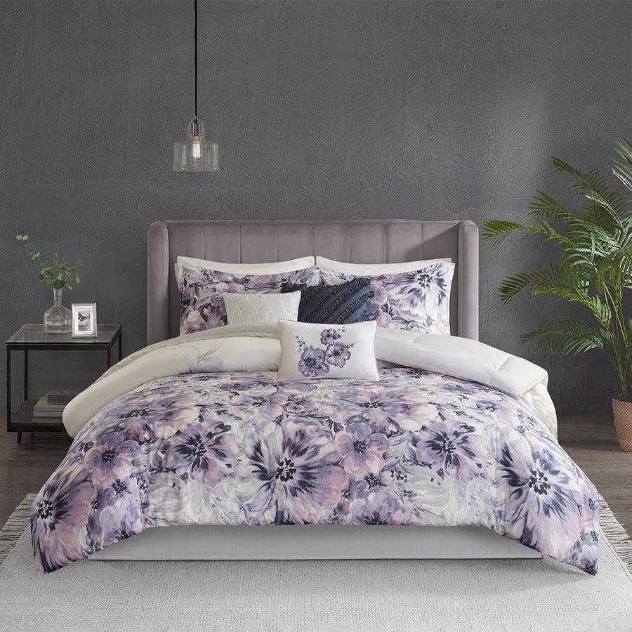 Olliix.com Comforters & Blankets - Enza Shabby Chic 7 Piece Cotton Printed Comforter Set Purple King