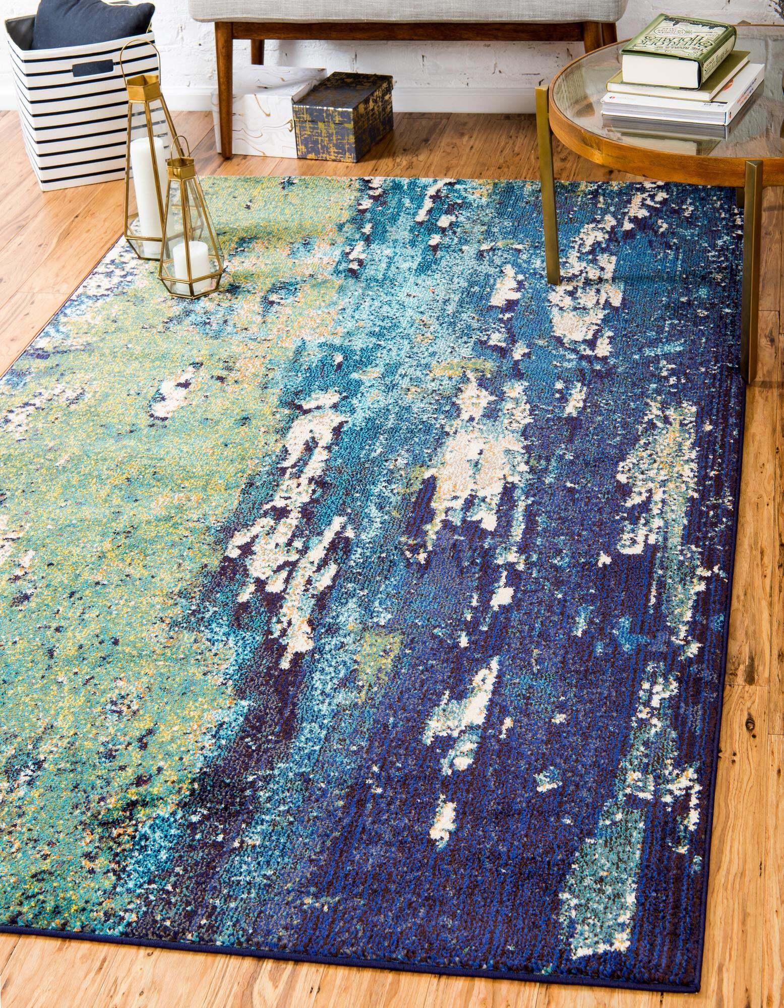 Unique Loom Indoor Rugs - Estrella Abstract Rectangular 9x12 Rug Navy Blue & Green
