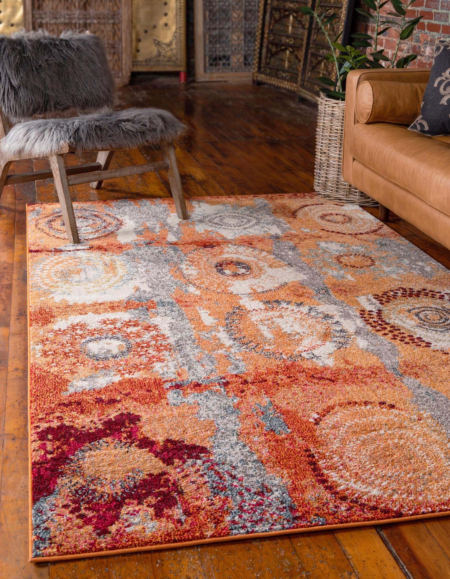 Unique Loom Indoor Rugs - Estrella Geometric Rectangular 9x12 Rug Orange & Beige