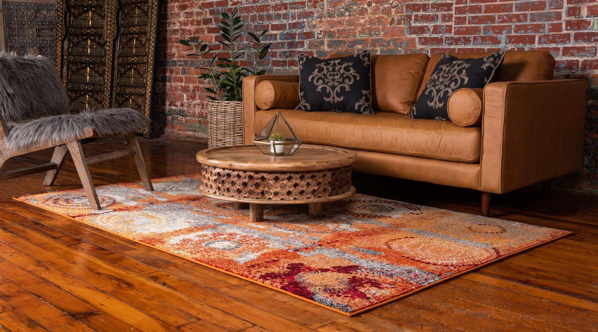 Unique Loom Indoor Rugs - Estrella Geometric Rectangular 9x12 Rug Orange & Beige