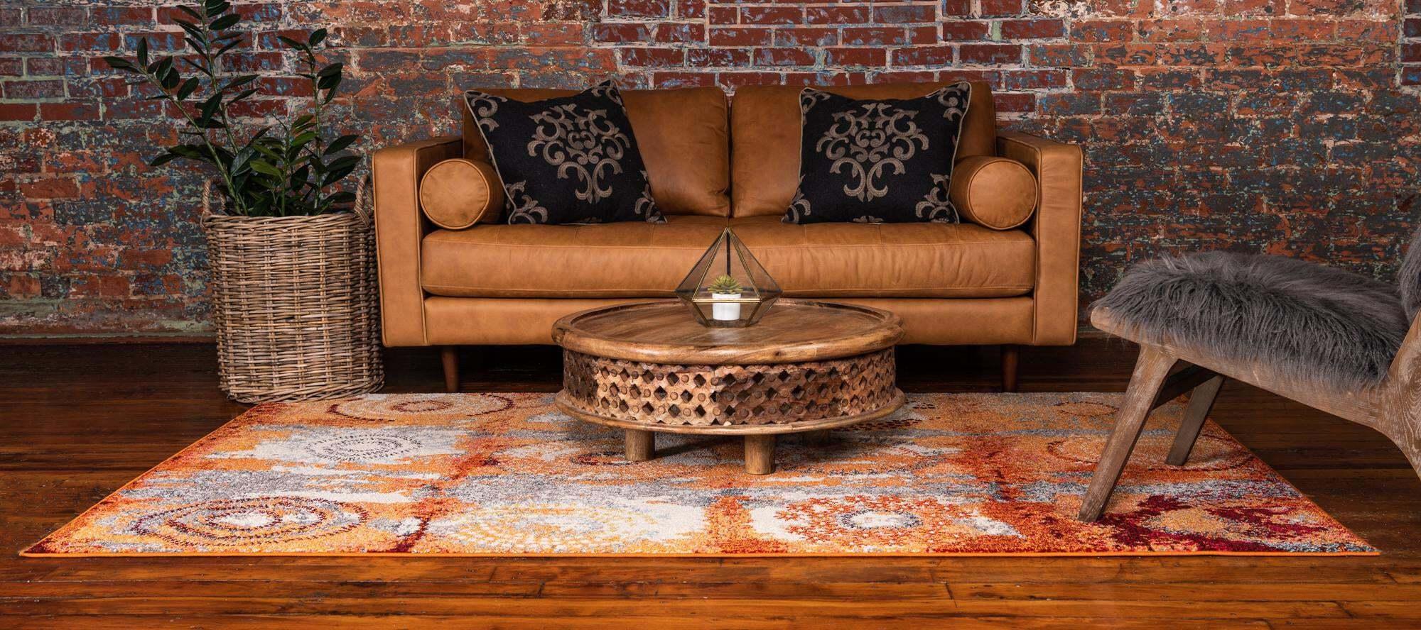 Unique Loom Indoor Rugs - Estrella Geometric Rectangular 9x12 Rug Orange & Beige