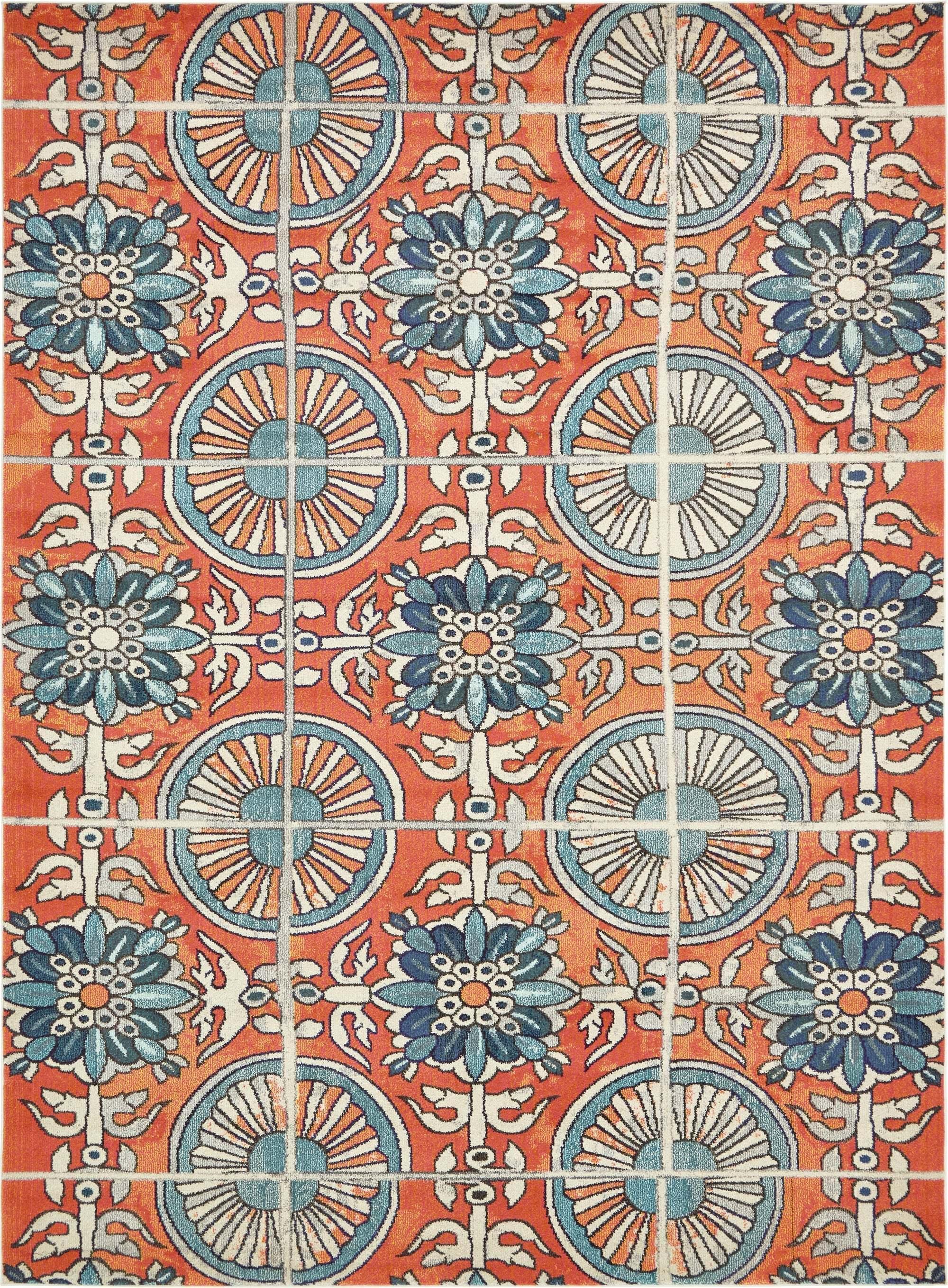 Unique Loom Indoor Rugs - Estrella Geometric Rectangular 9x12 Rug Orange & Blue