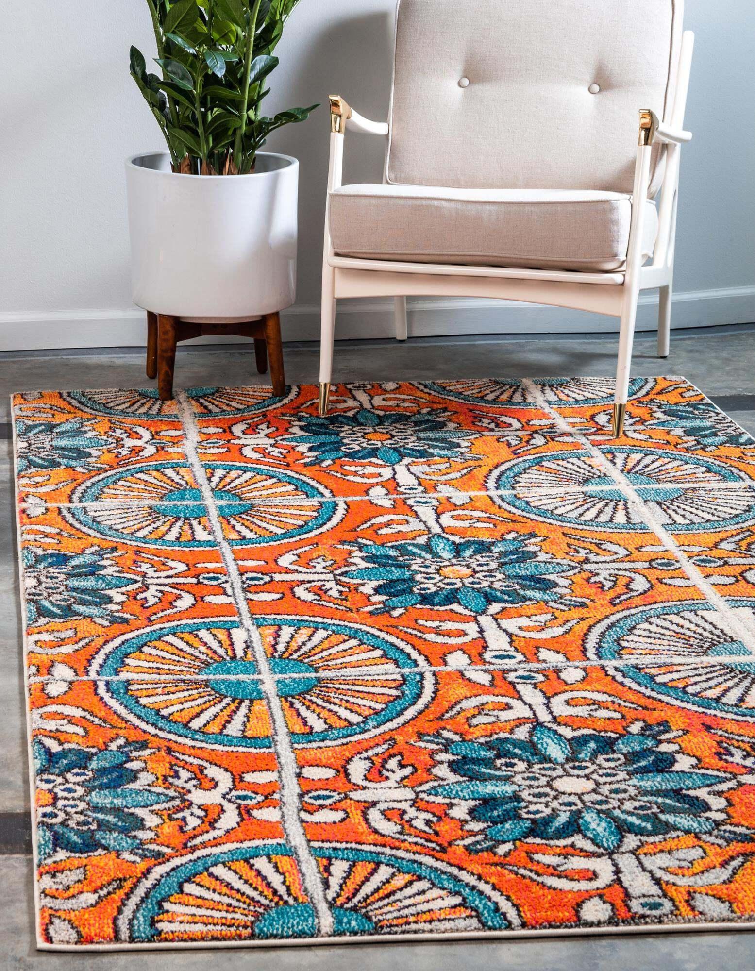 Unique Loom Indoor Rugs - Estrella Geometric Rectangular 9x12 Rug Orange & Blue