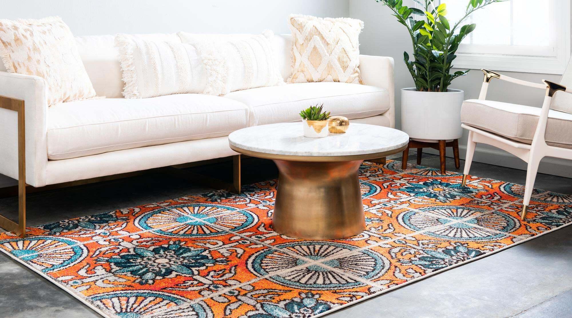 Unique Loom Indoor Rugs - Estrella Geometric Rectangular 9x12 Rug Orange & Blue