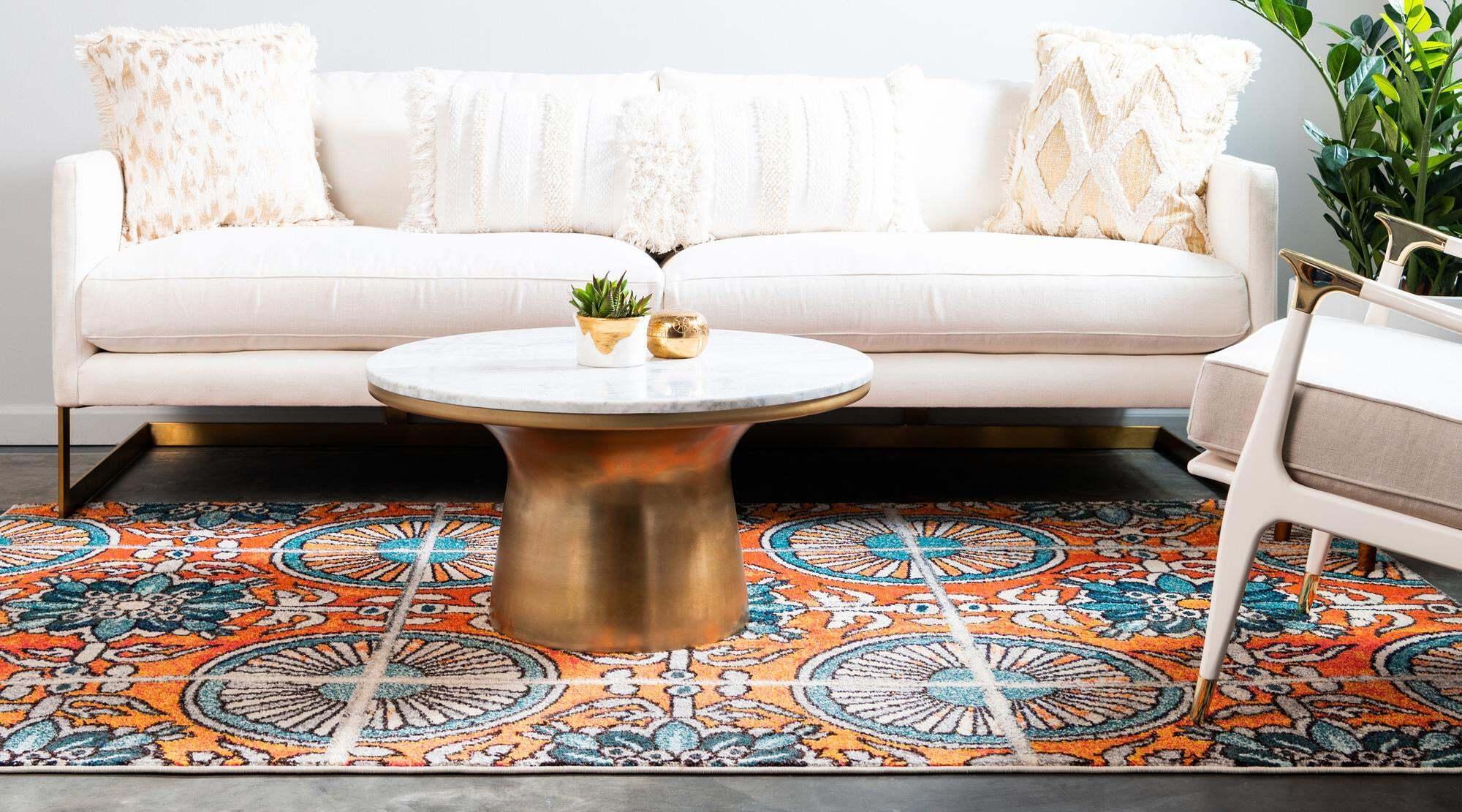 Unique Loom Indoor Rugs - Estrella Geometric Rectangular 9x12 Rug Orange & Blue