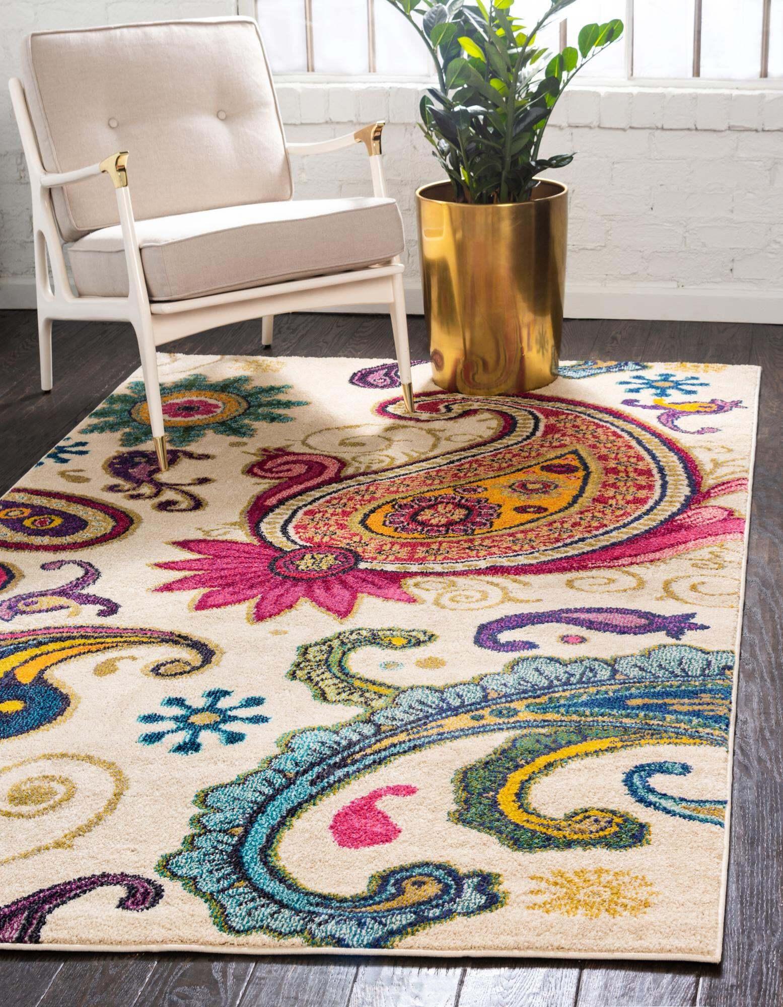 Unique Loom Indoor Rugs - Estrella Paisley Rectangular 9x12 Rug Beige & Pink