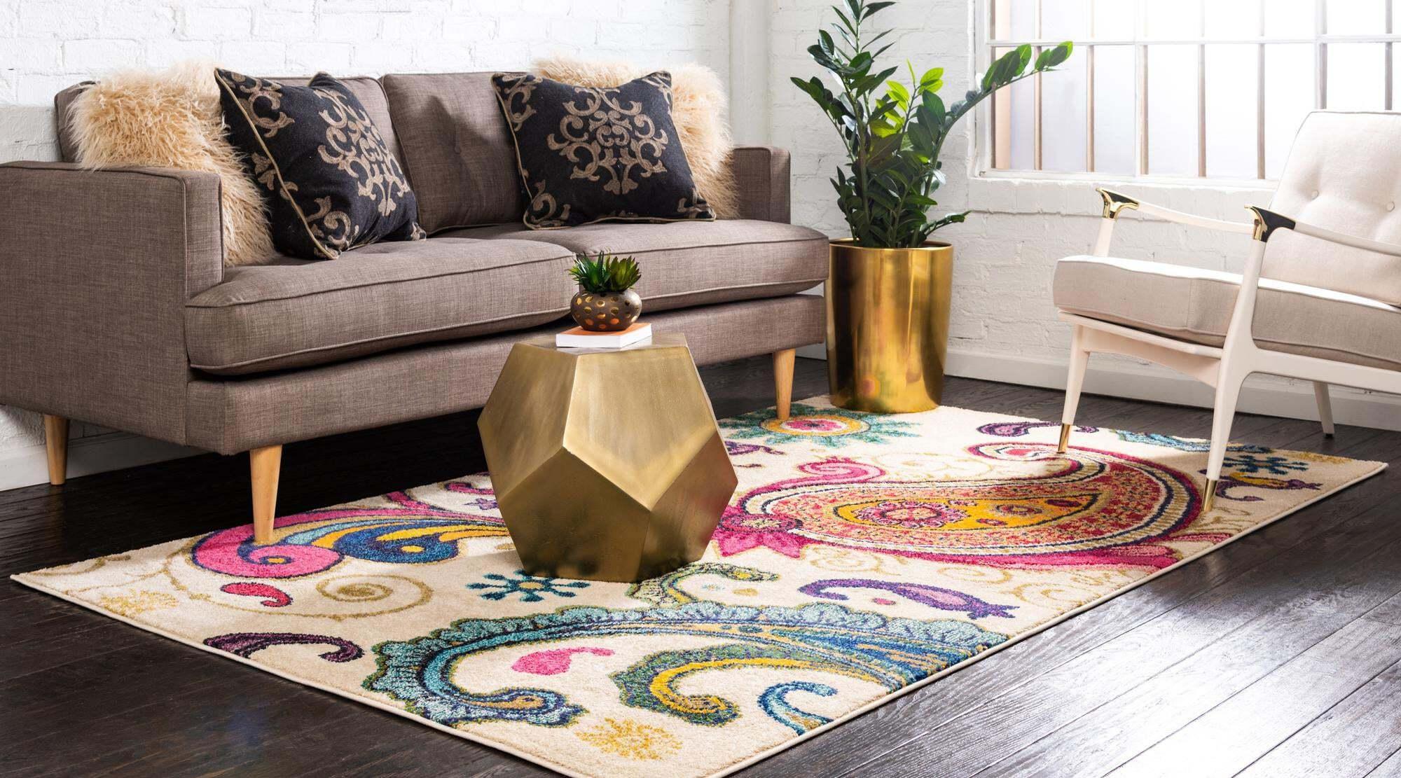 Unique Loom Indoor Rugs - Estrella Paisley Rectangular 9x12 Rug Beige & Pink