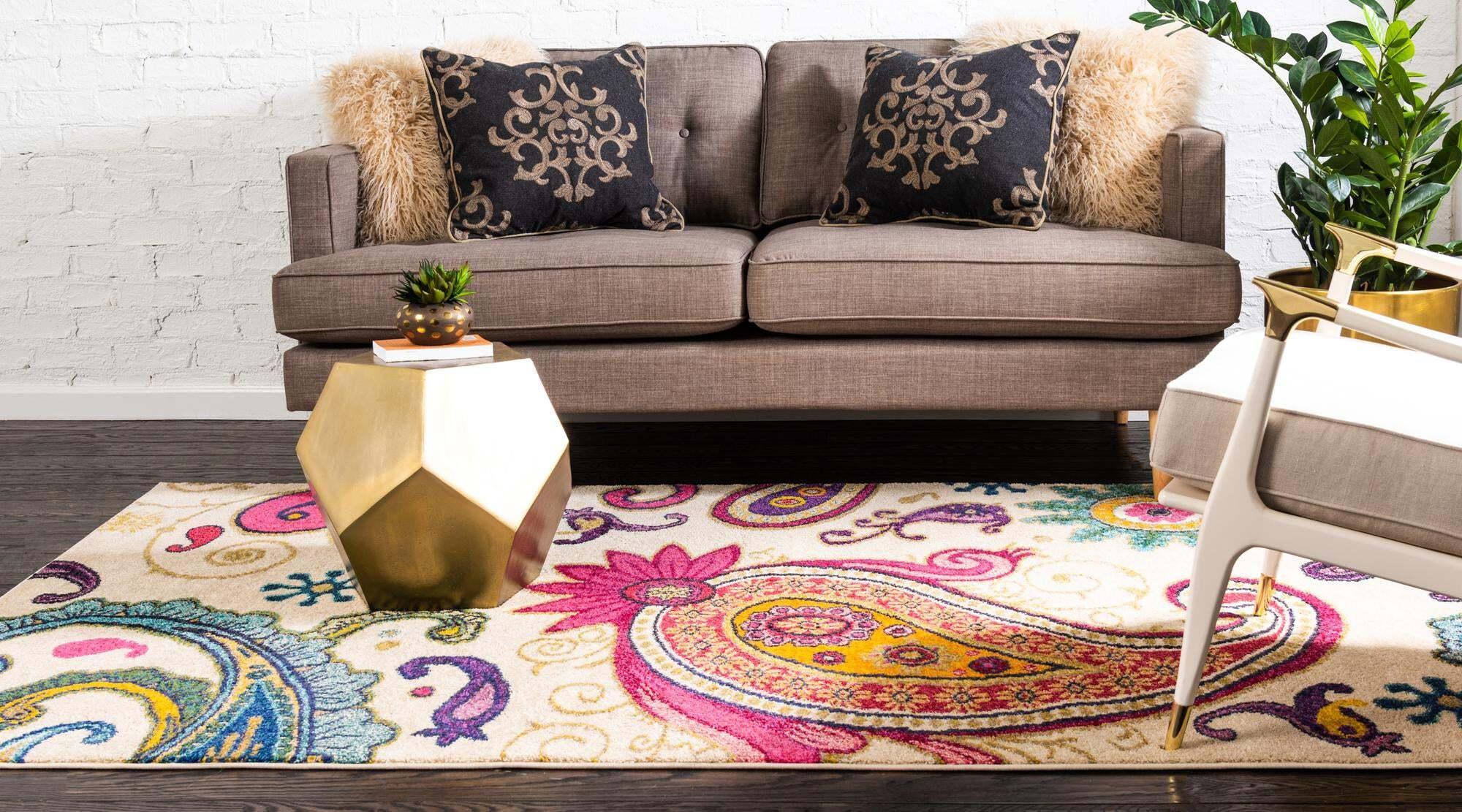 Unique Loom Indoor Rugs - Estrella Paisley Rectangular 9x12 Rug Beige & Pink