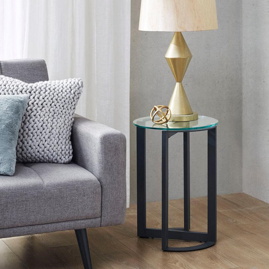 Olliix.com Side & End Tables - Evan Round Glass Accent End Table Black