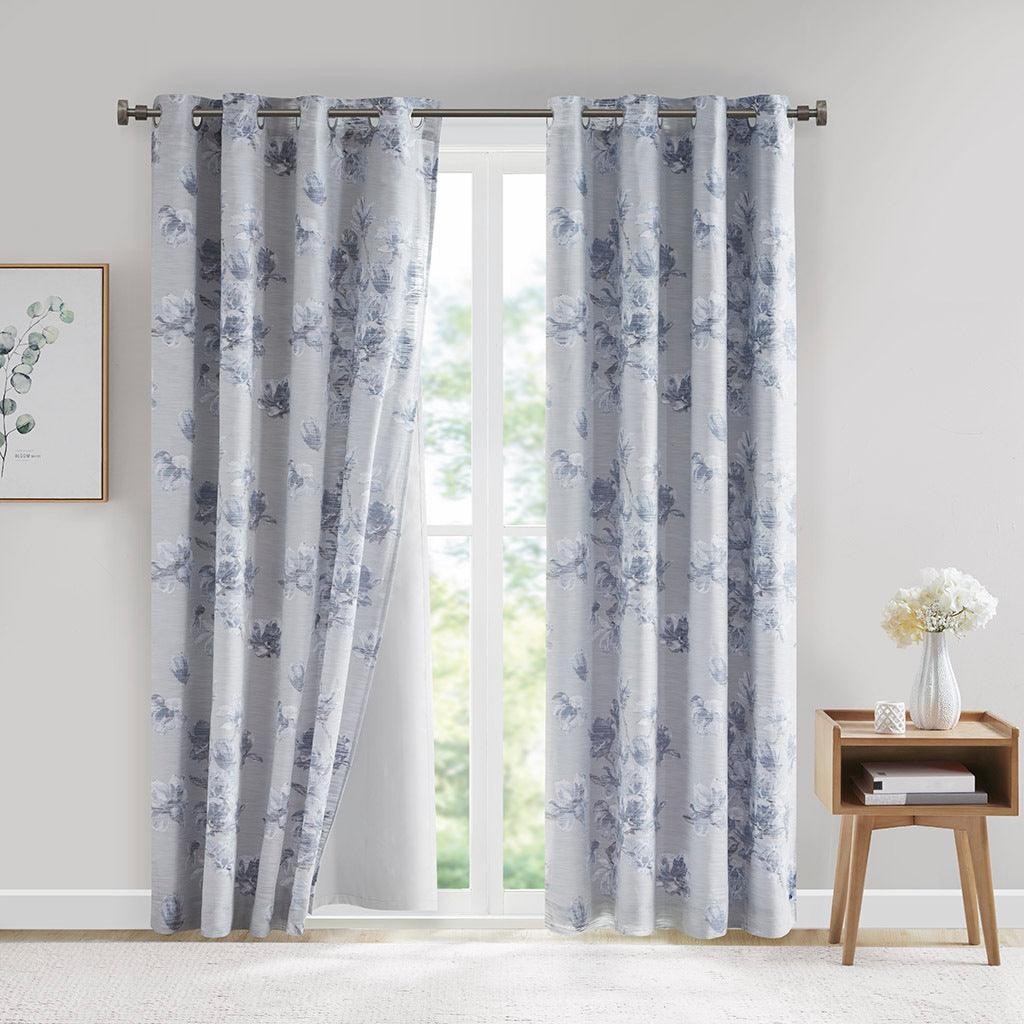 Olliix.com Curtains - Evian 85 H Printed Floral Cotton Panel with Removable Total Blackout Liner Blue