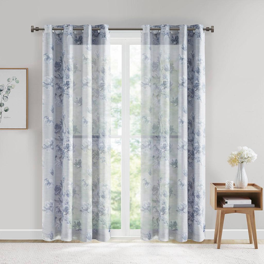 Olliix.com Curtains - Evian 85 H Printed Floral Cotton Panel with Removable Total Blackout Liner Blue