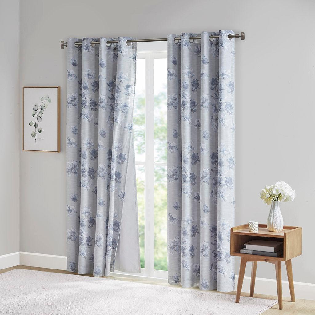 Olliix.com Curtains - Evian 85 H Printed Floral Cotton Panel with Removable Total Blackout Liner Blue