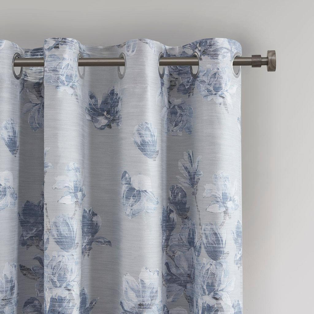 Olliix.com Curtains - Evian 85 H Printed Floral Cotton Panel with Removable Total Blackout Liner Blue
