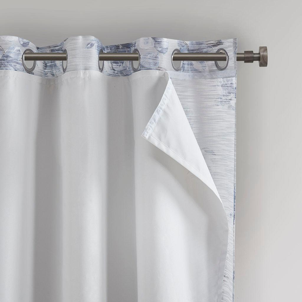 Olliix.com Curtains - Evian 85 H Printed Floral Cotton Panel with Removable Total Blackout Liner Blue