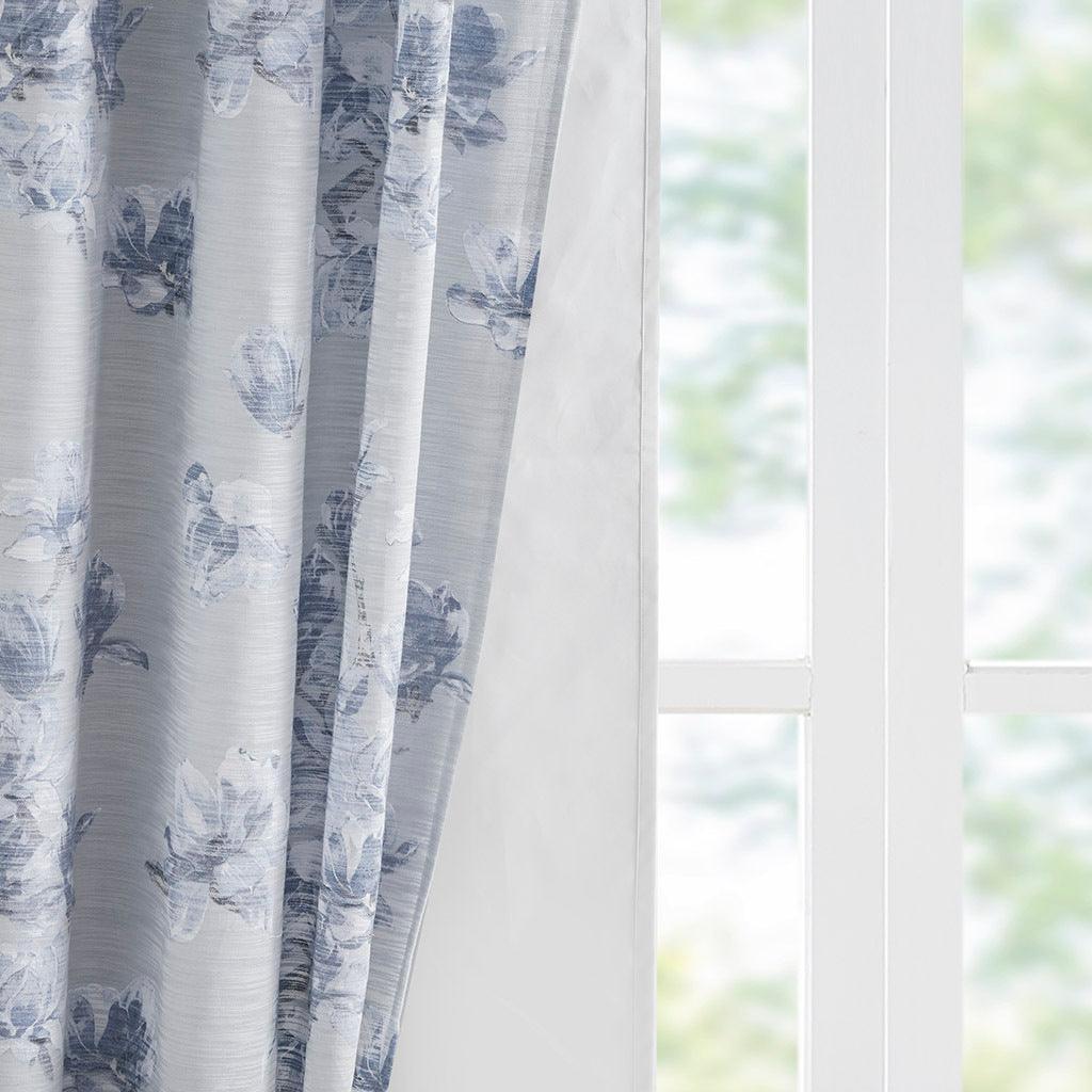 Olliix.com Curtains - Evian 85 H Printed Floral Cotton Panel with Removable Total Blackout Liner Blue