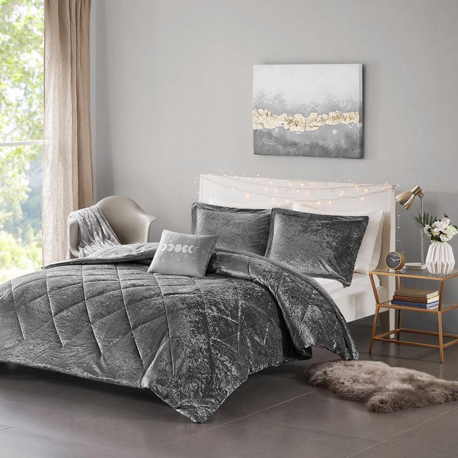 Olliix.com Comforters & Blankets - Felicia Lodge/Cabin Velvet Comforter Set Gray Twin/Twin XL
