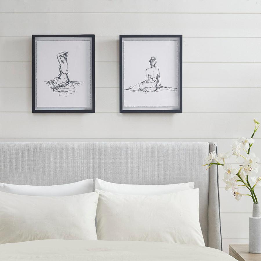 Olliix.com Wall Art - Feminine Modern Figures Deckle Edge Sketch 2 Piece Framed Wall Art Set 17x21x1.05"(2) Black & White