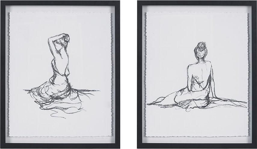 Olliix.com Wall Art - Feminine Modern Figures Deckle Edge Sketch 2 Piece Framed Wall Art Set 17x21x1.05"(2) Black & White