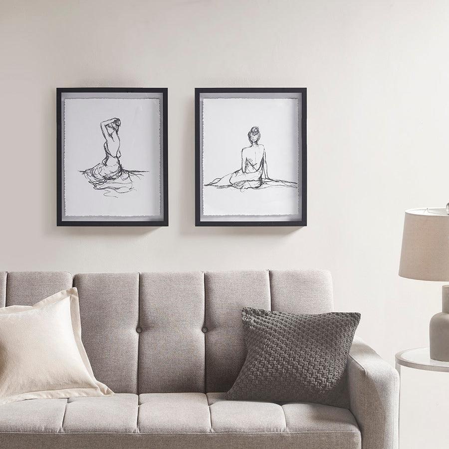 Olliix.com Wall Art - Feminine Modern Figures Deckle Edge Sketch 2 Piece Framed Wall Art Set 17x21x1.05"(2) Black & White