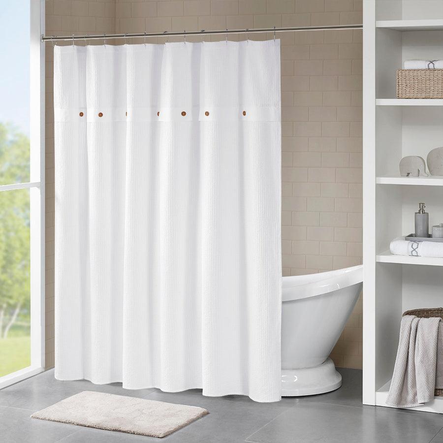 Olliix.com Shower Curtains - Finley 100% Cotton Waffle Weave Textured Shower Curtain White