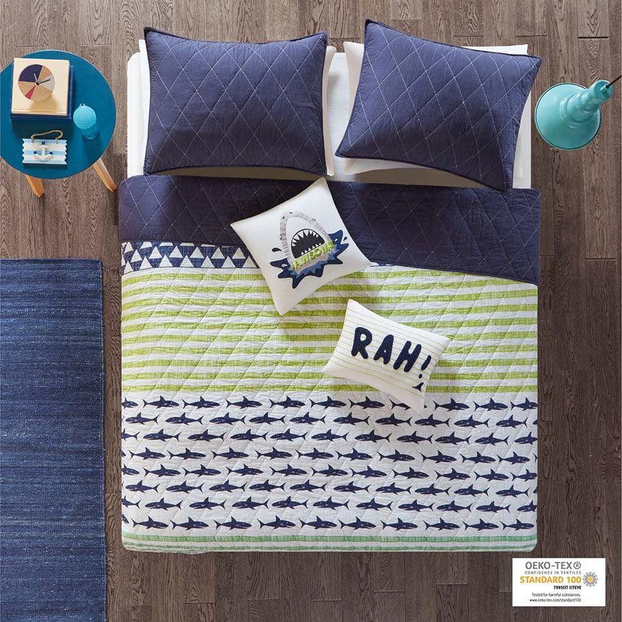 Olliix.com Comforters & Blankets - Finn Full/Queen Shark Cotton Reversible Coverlet Set Green & Navy