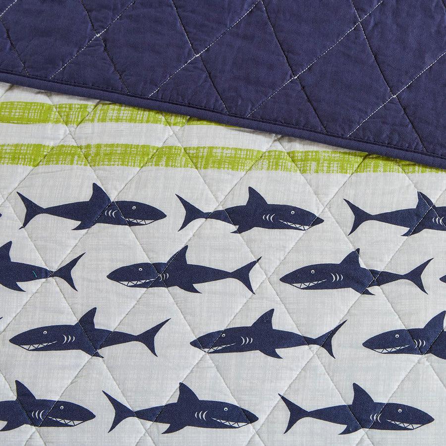 Olliix.com Comforters & Blankets - Finn Full/Queen Shark Cotton Reversible Coverlet Set Green & Navy