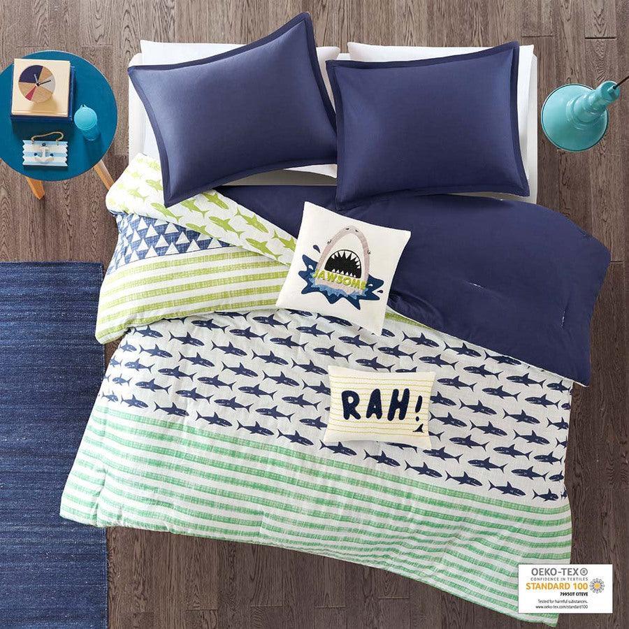 Olliix.com Comforters & Blankets - Finn Shark Cotton Comforter Set Green & Navy Twin