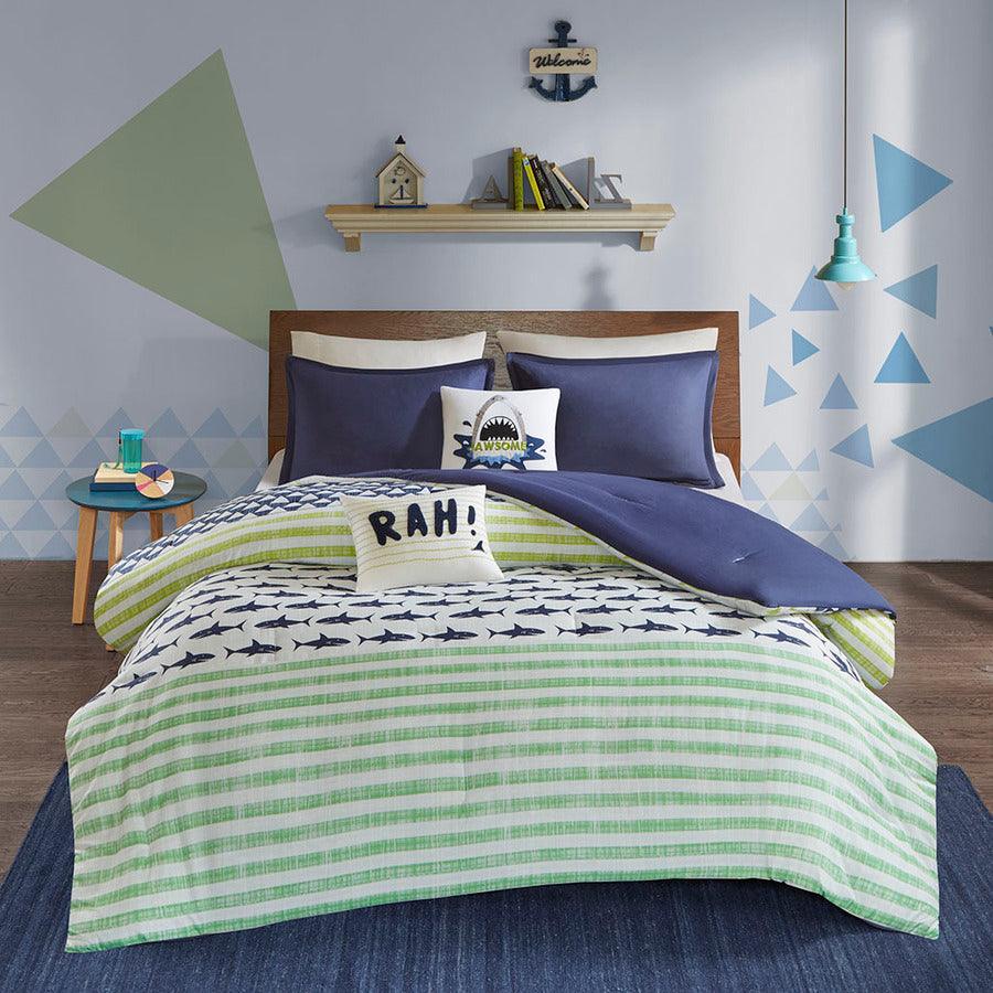 Olliix.com Comforters & Blankets - Finn Shark Cotton Comforter Set Green & Navy Twin