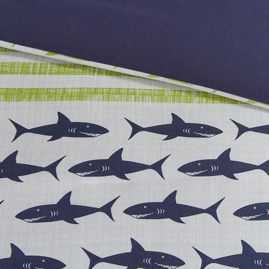 Olliix.com Comforters & Blankets - Finn Shark Cotton Comforter Set Green & Navy Twin