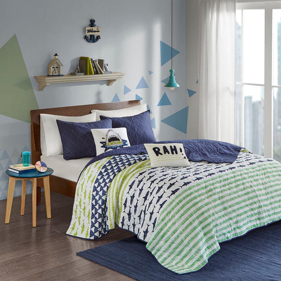 Olliix.com Comforters & Blankets - Finn Twin Shark Cotton Reversible Coverlet Set Green & Navy