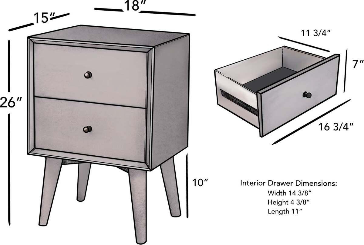 Alpine Furniture Nightstands & Side Tables - Flynn Mid Century Modern 2 Drawer Nightstand Gray