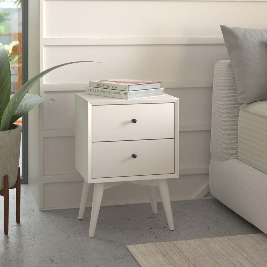 Alpine Furniture Nightstands & Side Tables - Flynn Mid Century Modern 2 Drawer Nightstand, White