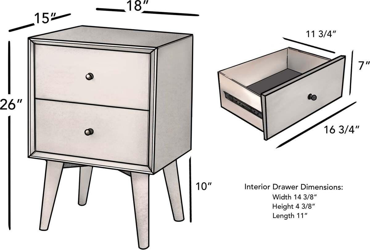 Alpine Furniture Nightstands & Side Tables - Flynn Mid Century Modern 2 Drawer Nightstand, White