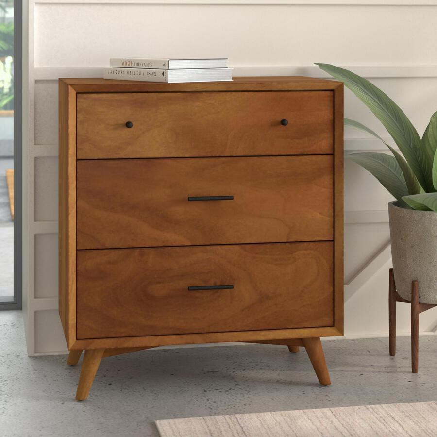 Alpine Furniture Chest of Drawers - Flynn Mid Century Modern 3 Drawer Small Chest, Acorn