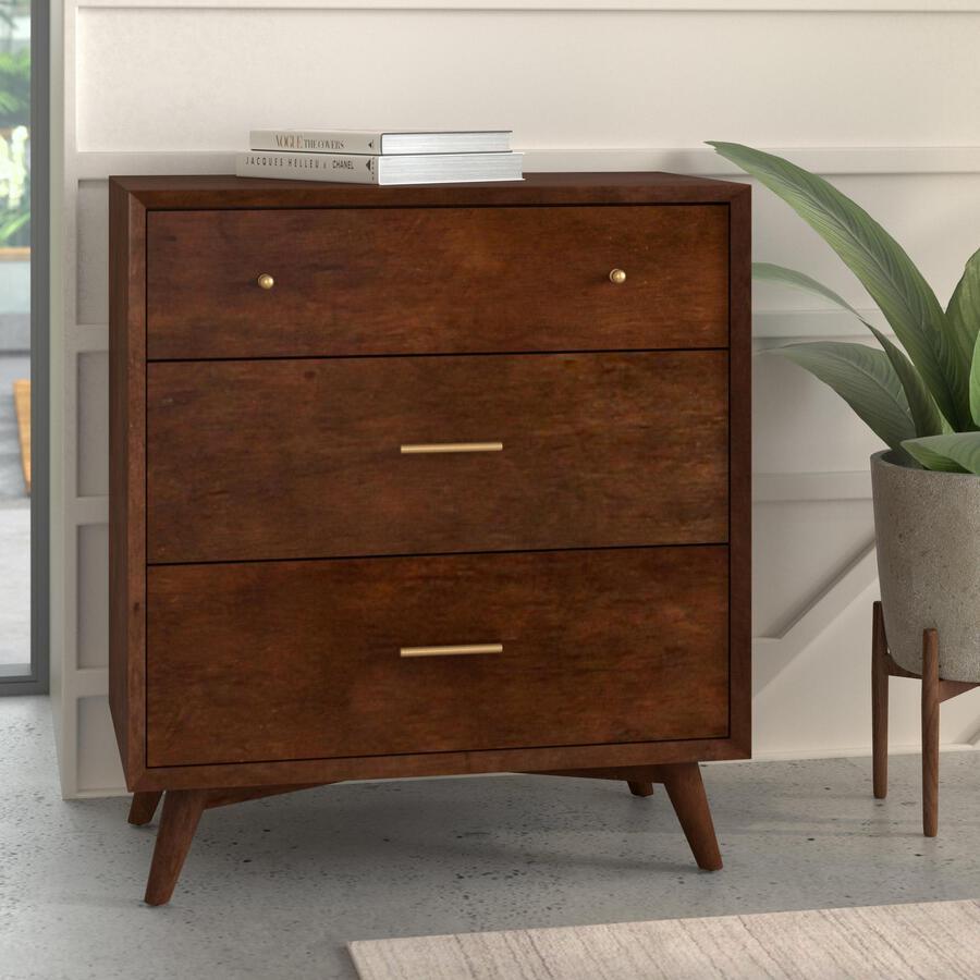 Alpine Furniture Chest of Drawers - Flynn Mid Century Modern 3 Drawer Small Chest, Walnut