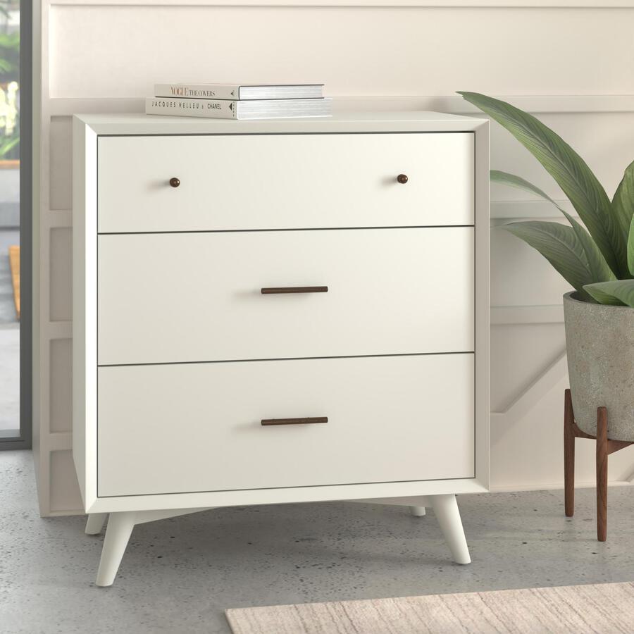 Alpine Furniture Chest of Drawers - Flynn Mid Century Modern 3 Drawer Small Chest, White