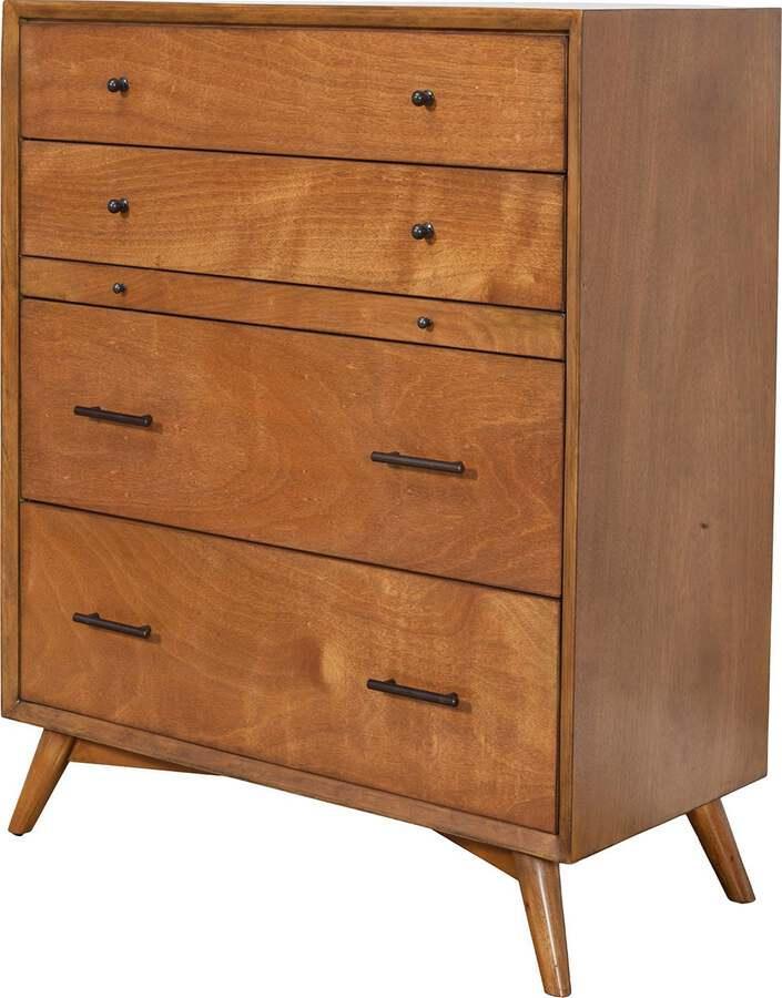 Alpine Furniture Dressers - Flynn Mid Century Modern 4 Drawer Multifunction Chest w/Pull Out Tray Acorn