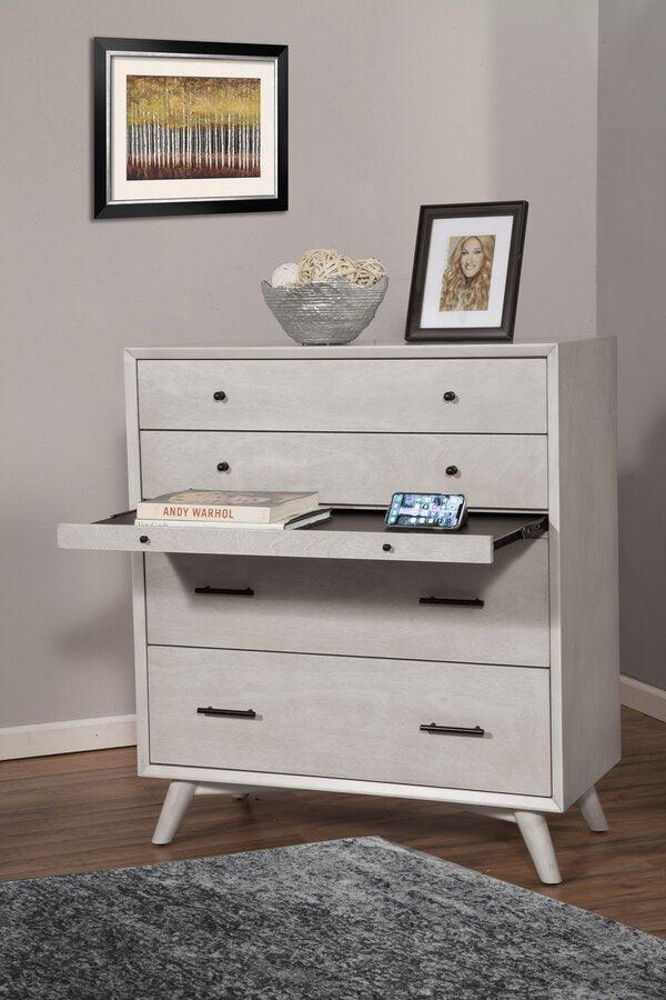 Alpine Furniture Dressers - Flynn Mid Century Modern 4 Drawer Multifunction Chest w/Pull Out Tray Gray