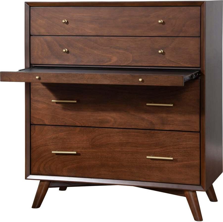 Alpine Furniture Chest of Drawers - Flynn Mid Century Modern 4 Drawer Multifunction Chest w/Pull Out Tray, Walnut