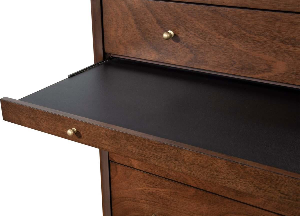 Alpine Furniture Chest of Drawers - Flynn Mid Century Modern 4 Drawer Multifunction Chest w/Pull Out Tray, Walnut