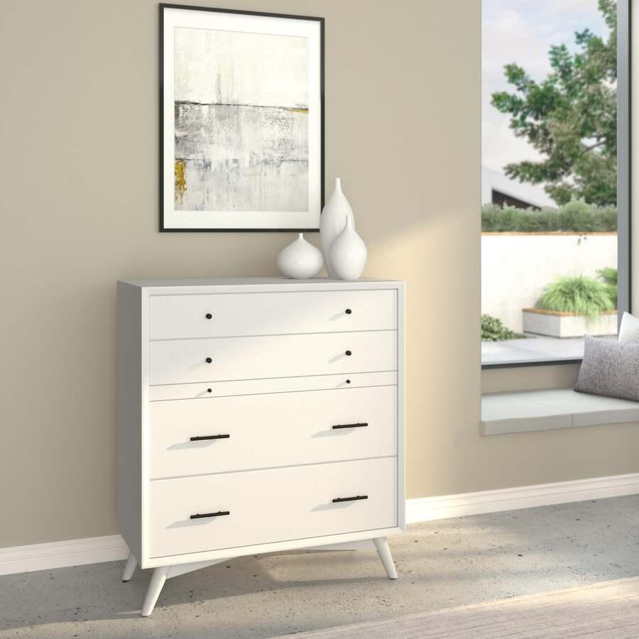 Alpine Furniture Dressers - Flynn Mid Century Modern 4 Drawer Multifunction Chest w/Pull Out Tray White