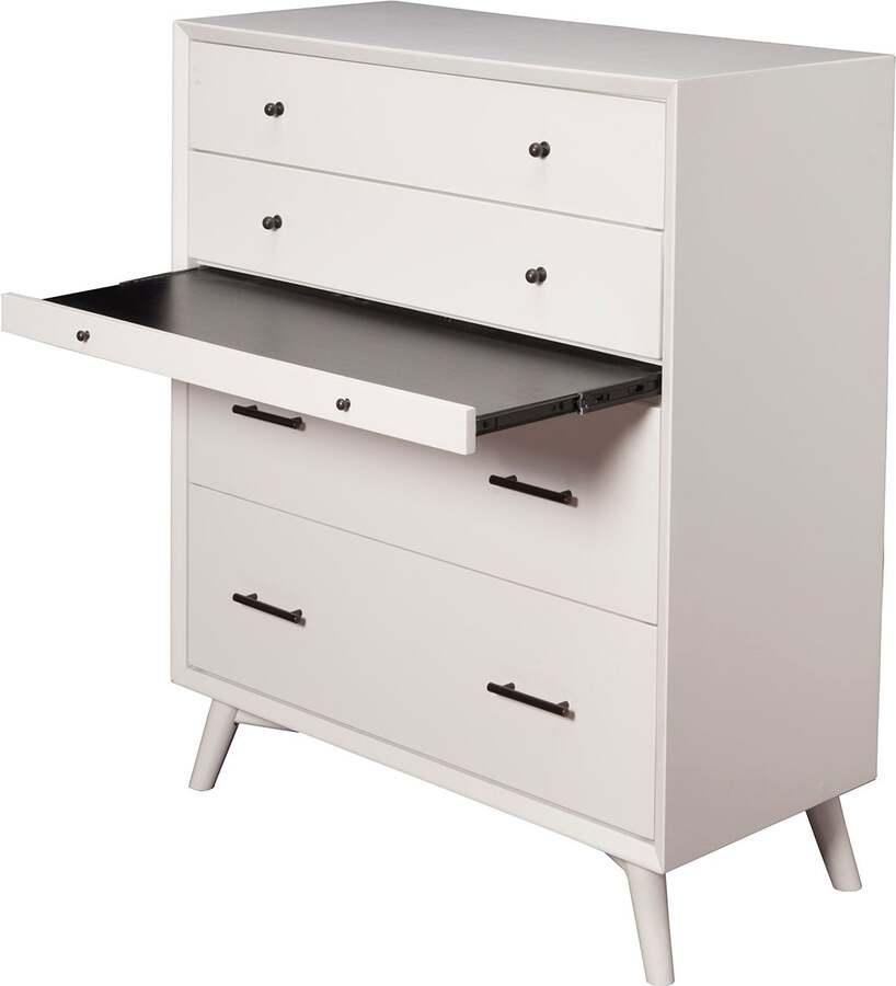Alpine Furniture Dressers - Flynn Mid Century Modern 4 Drawer Multifunction Chest w/Pull Out Tray White