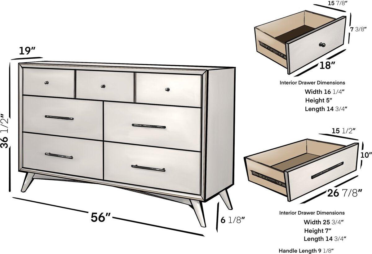 Alpine Furniture Dressers - Flynn Mid Century Modern 7 Drawer Dresser White