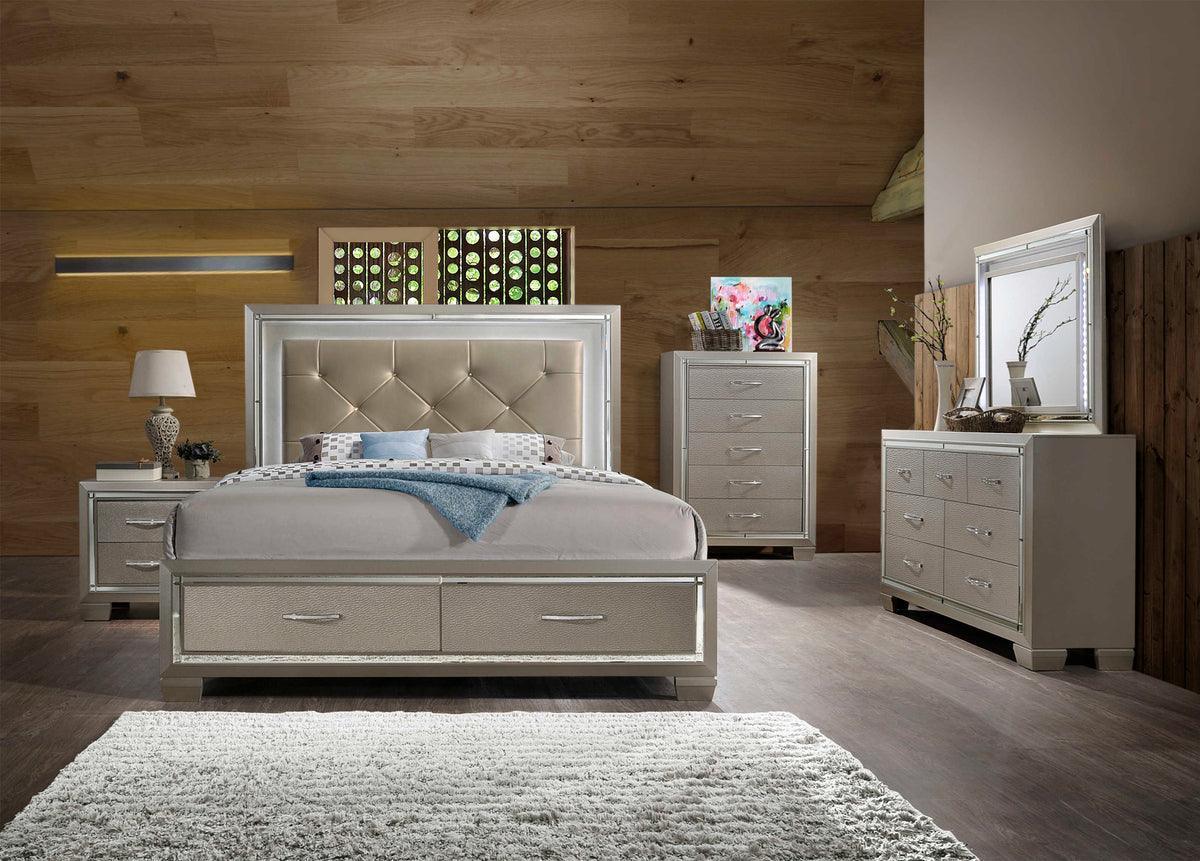 Elements Bedroom Sets - Glamour King Platform Storage 6PC Bedroom Set Champagne