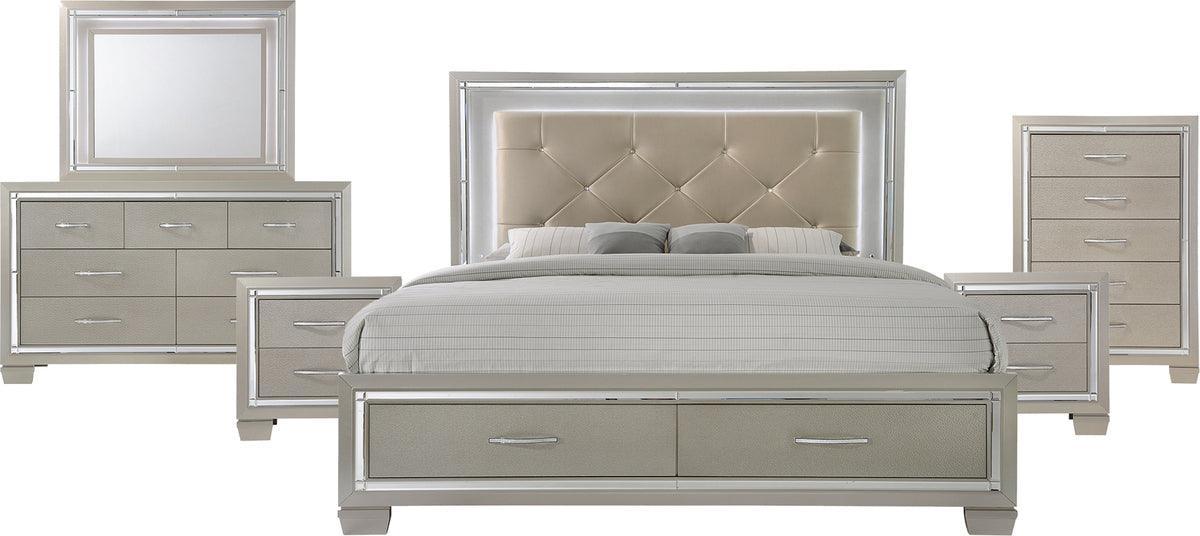 Elements Bedroom Sets - Glamour King Platform Storage 6PC Bedroom Set Champagne